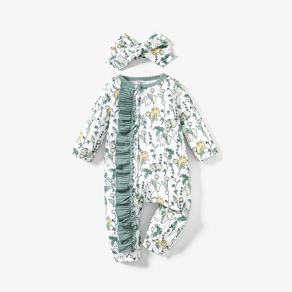 2 pc Green Rabbit Baby Jumpsuit with Headband